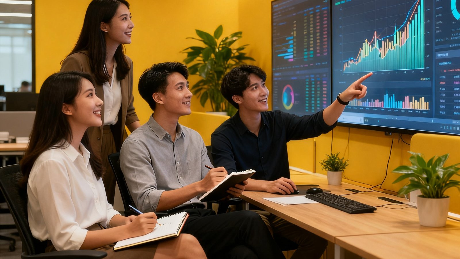 看个球团队合照，办公室内年轻团队讨论数据大屏，氛围活跃